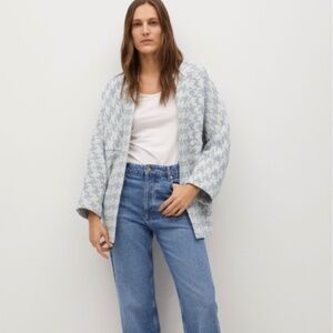 MANGO Women Blue White Houndstooth Checked Open Front Jacket Size M-L